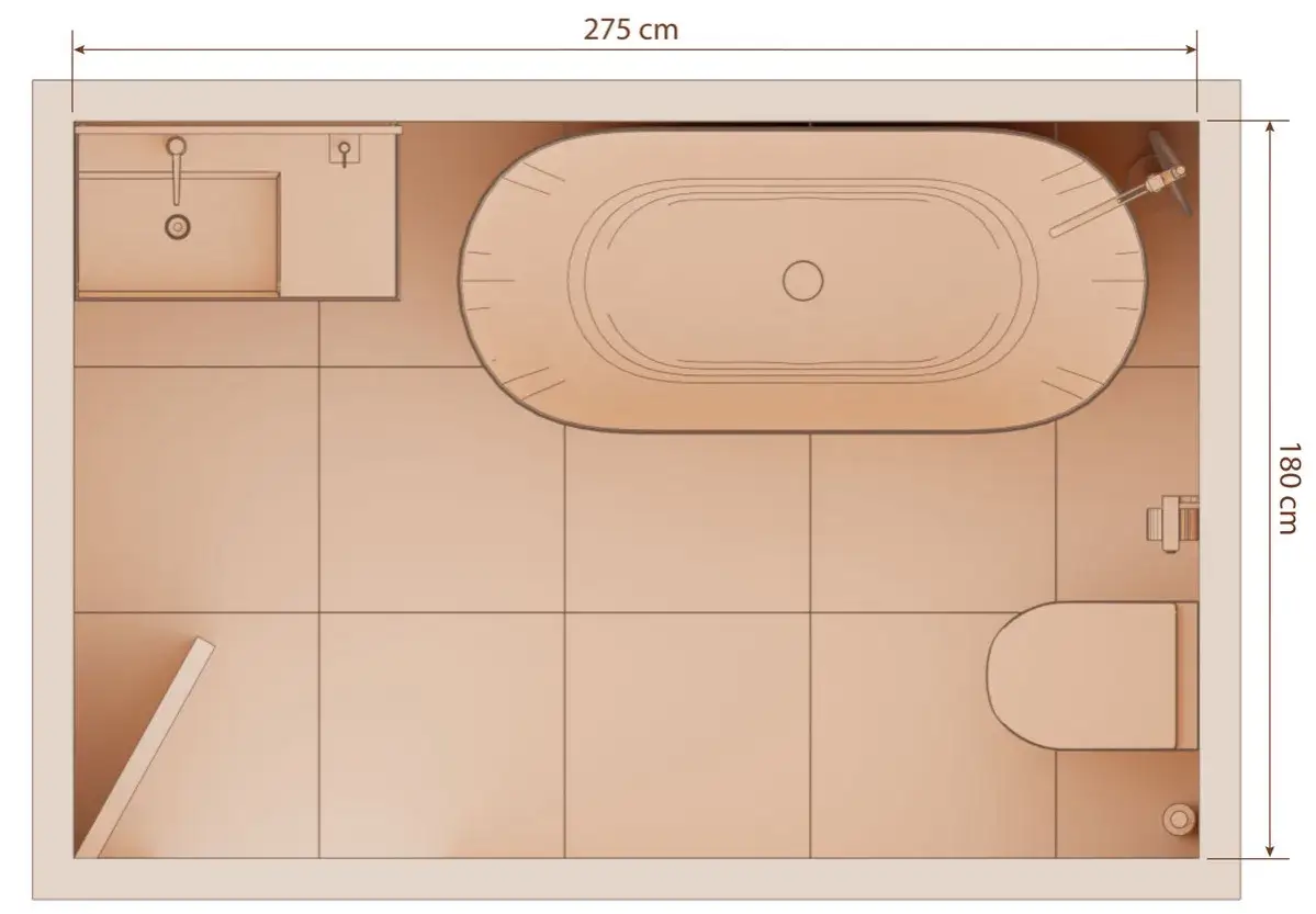 Plano de ba&ntilde;o con lavabo, ba&ntilde;era y WC. Las medidas generales son 275 cm x 180 cm, mostrando las medidas ba&ntilde;era estandar.