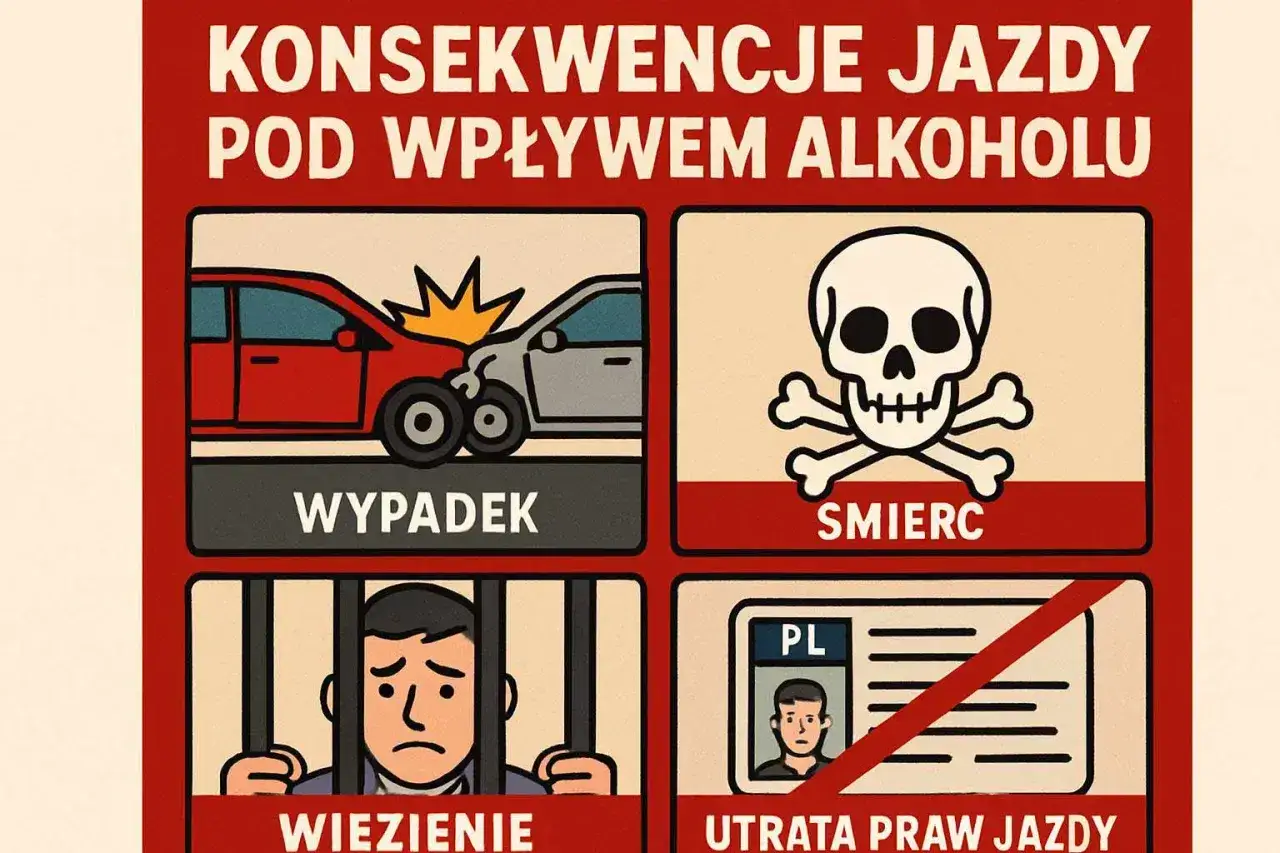 Konsekwencje jazdy pod wpływem alkoholu: wypadek, śmierć, więzienie, utrata prawa jazdy. Nie ryzykuj!