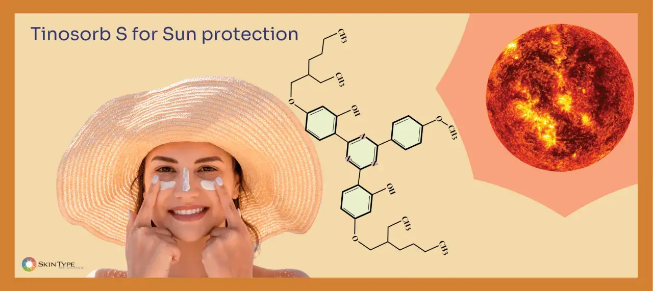 Frau mit Sonnenhut trägt Sonnencreme auf. Daneben die chemische Struktur von Bis-Ethylhexyloxyphenol Methoxyphenyl Triazin, einem UV-Filter.