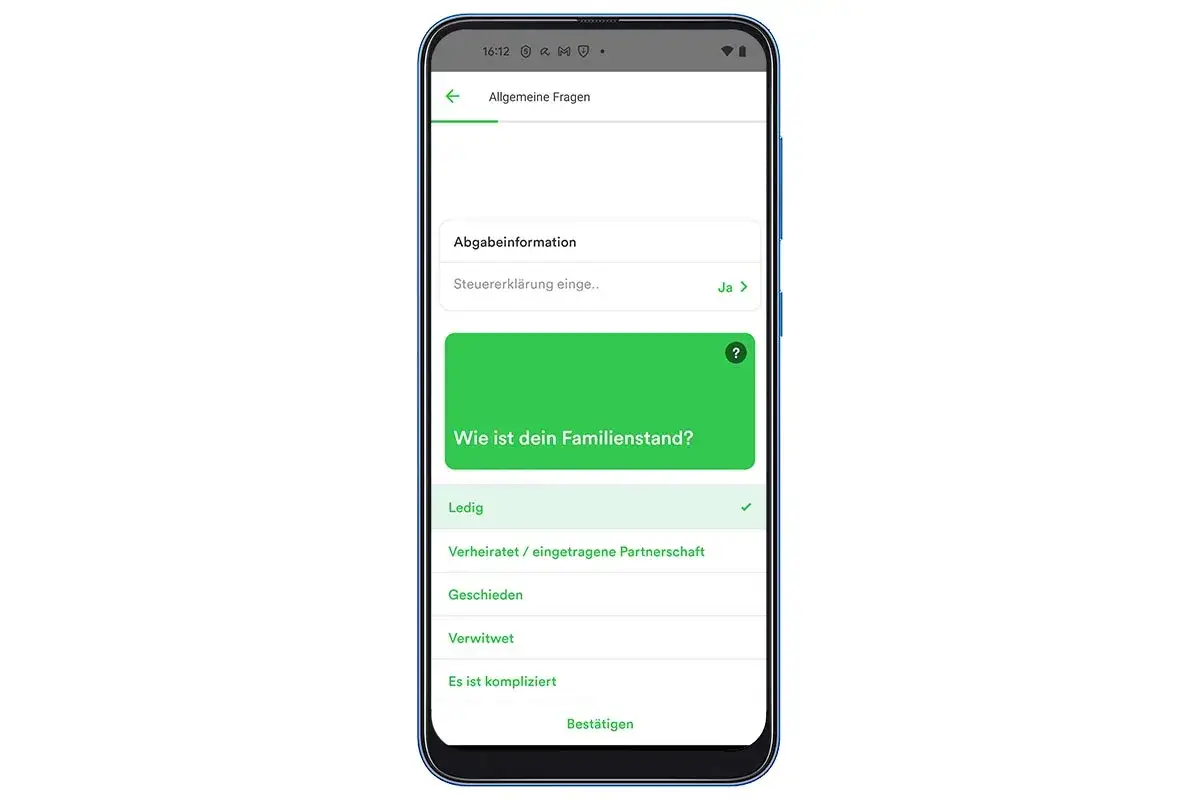 Taxfix Erfahrung: Die App fragt nach dem Familienstand. Hier wird 