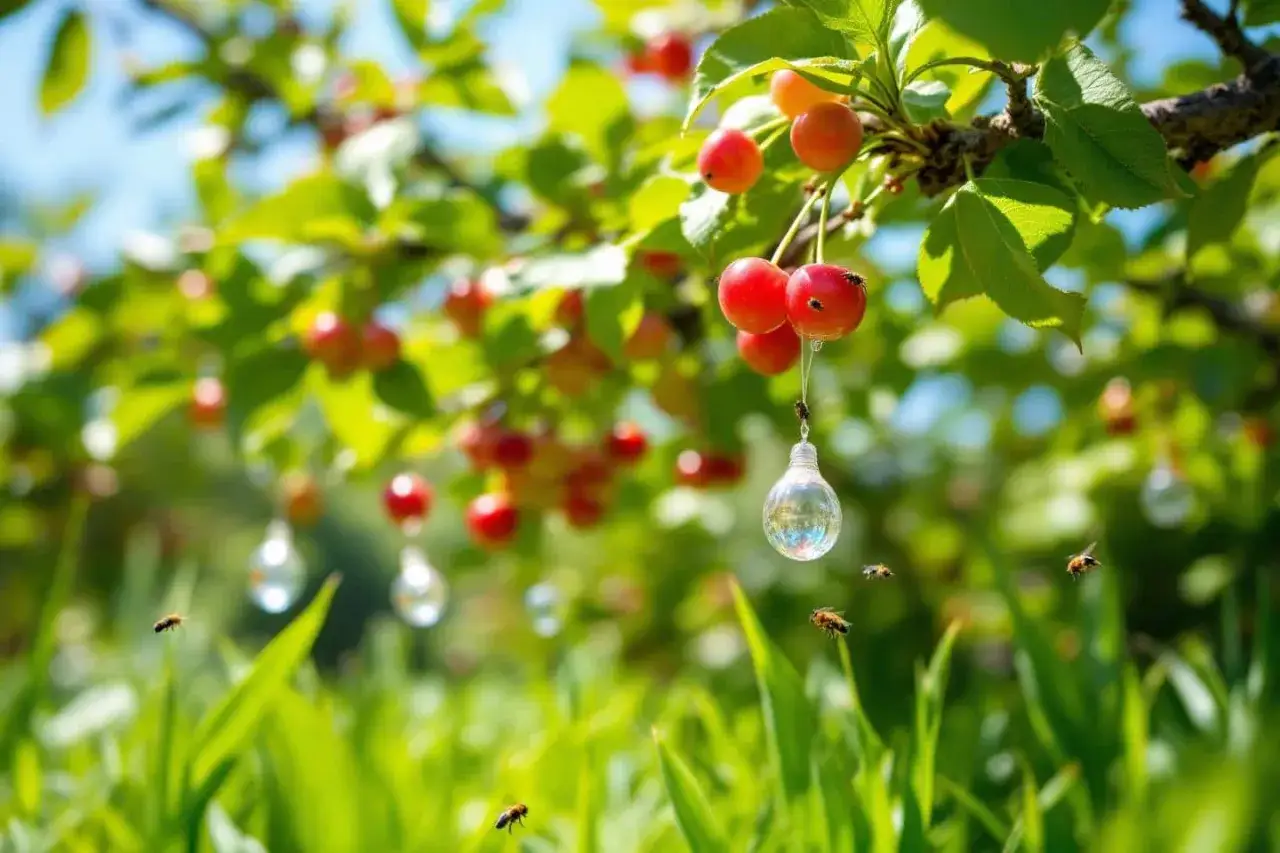 Des cerises rouges pendent d'une branche, certaines avec des vers. Des abeilles volent autour, attirées par des gouttes d'eau suspendues.