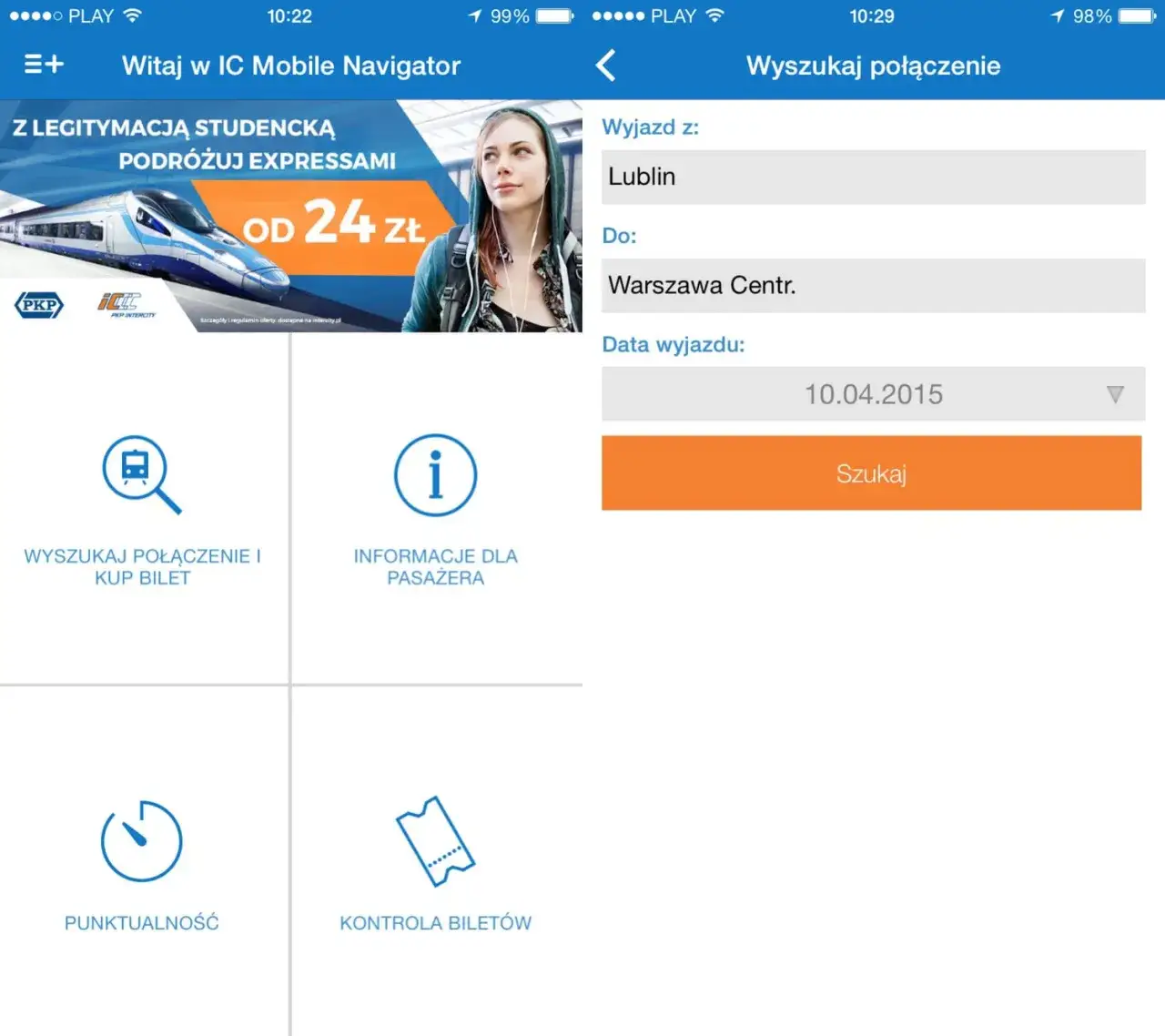 aplikacja mobilna PKP Intercity ekran główny