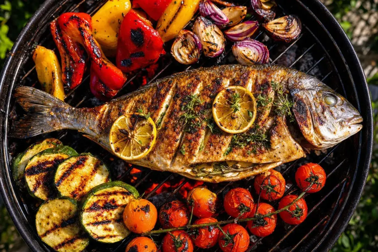 Poisson entier au barbecue, garni de rondelles de citron et d'herbes, entouré de légumes grillés : poivrons, oignons, courgettes et tomates cerises.