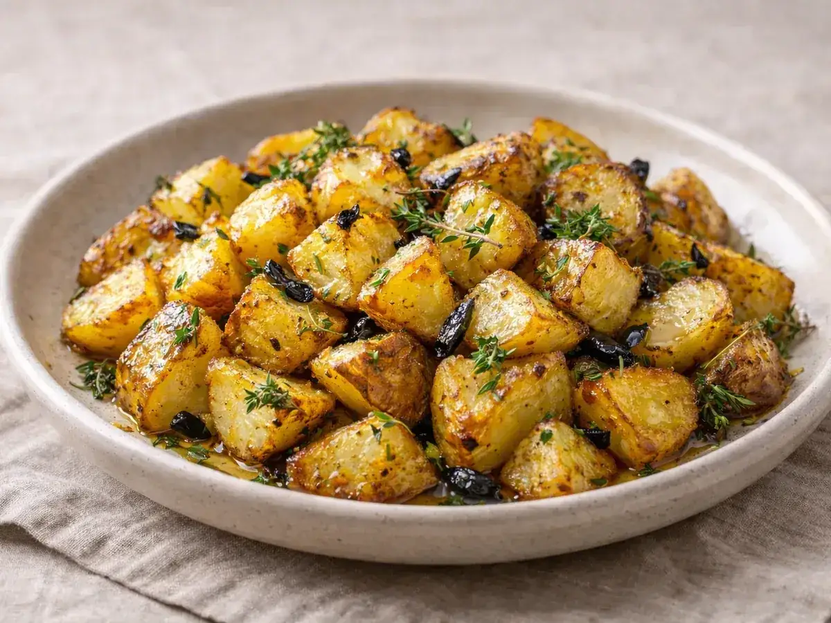 Pomme de terre saut&eacute;es dor&eacute;es et croustillantes, parsem&eacute;es de thym frais et d'olives noires, servies dans un plat en c&eacute;ramique.