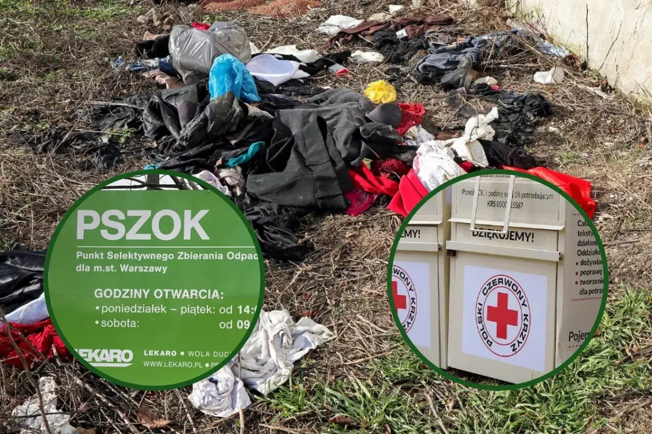 Gdzie oddać ubrania do recyklingu? Na zdjęciu stos wyrzuconych ubrań obok zielonej tablicy PSZOK i kontenerów Polskiego Czerwonego Krzyża.