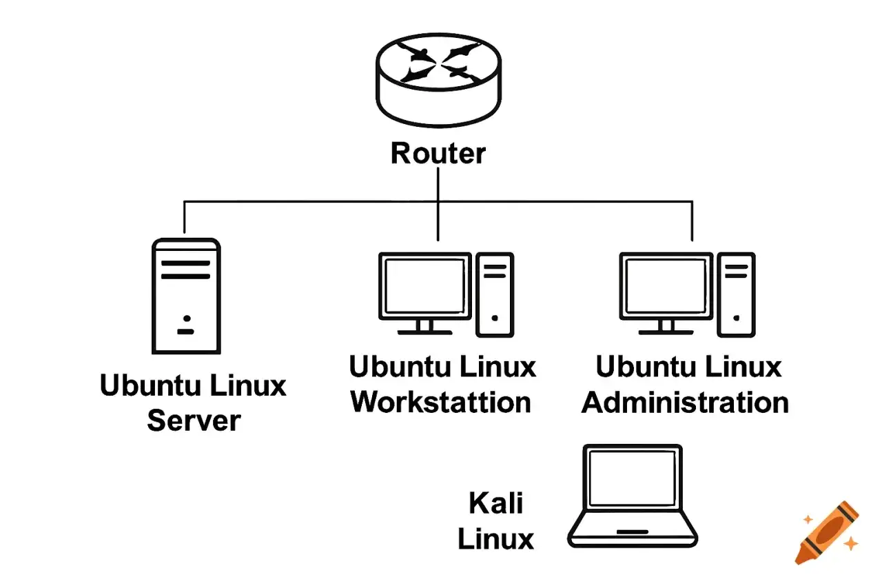 Schemat sieci z routerem i urządzeniami z systemem Ubuntu Linux: serwer, stacja robocza, administracja oraz laptop z Kali Linux.
