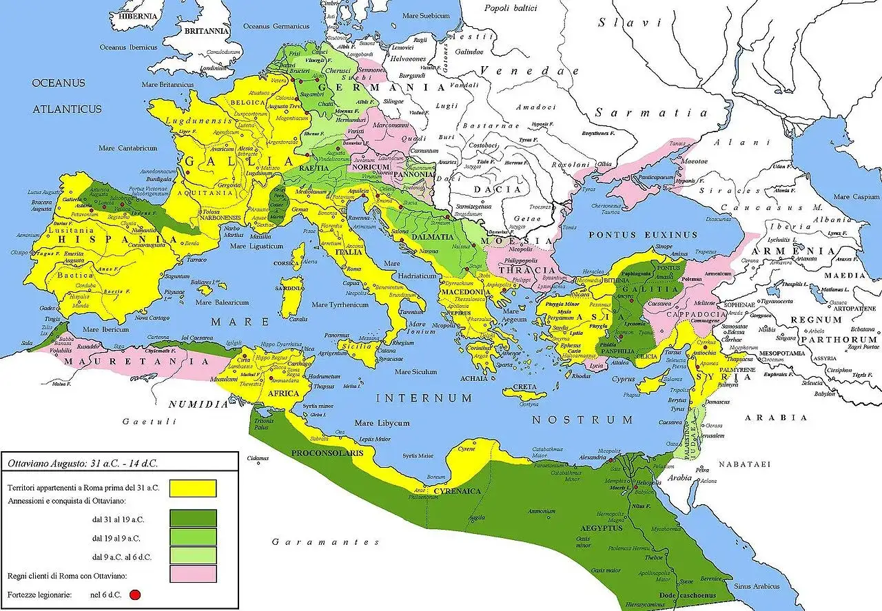 Mapa Imperium Rzymskiego za Oktawiana Augusta. Germania, Galia, Hiszpania, Italia, Grecja, Egipt, Afryka.