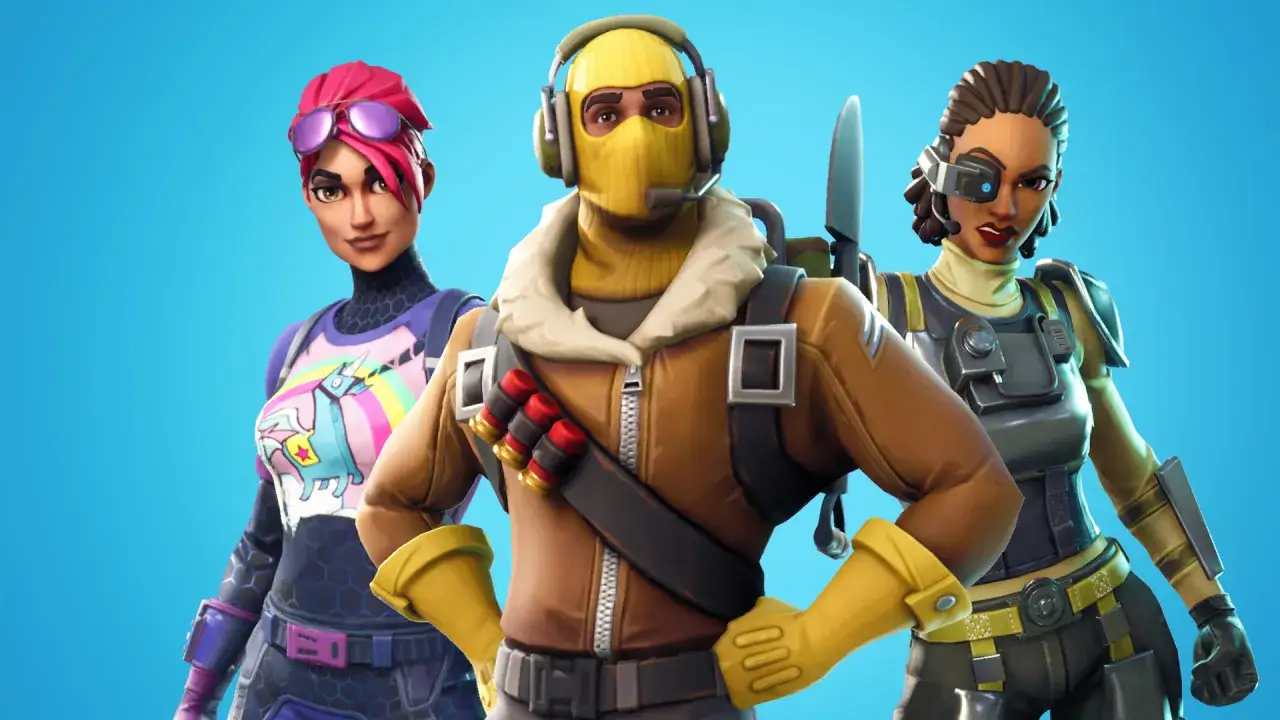 Trzy postacie z gry battle royale, podobne do Fortnite, w kolorowych strojach.
