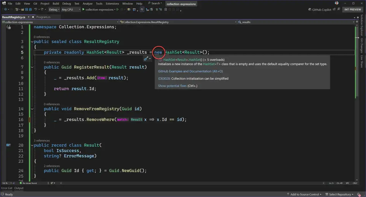 Kod C# 10: inicjalizacja HashSet<Result> w Visual Studio.