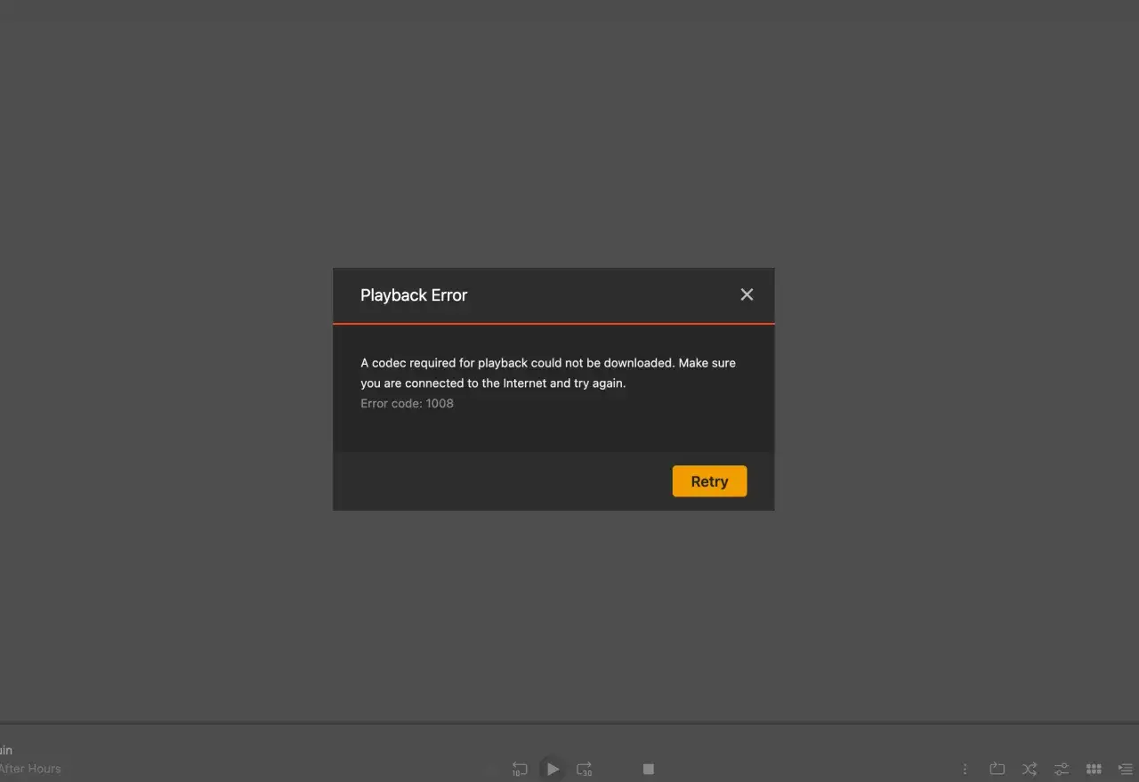 Playback error: A required codec for playback, possibly QuickTime.avi, could not be downloaded. Error 1008.