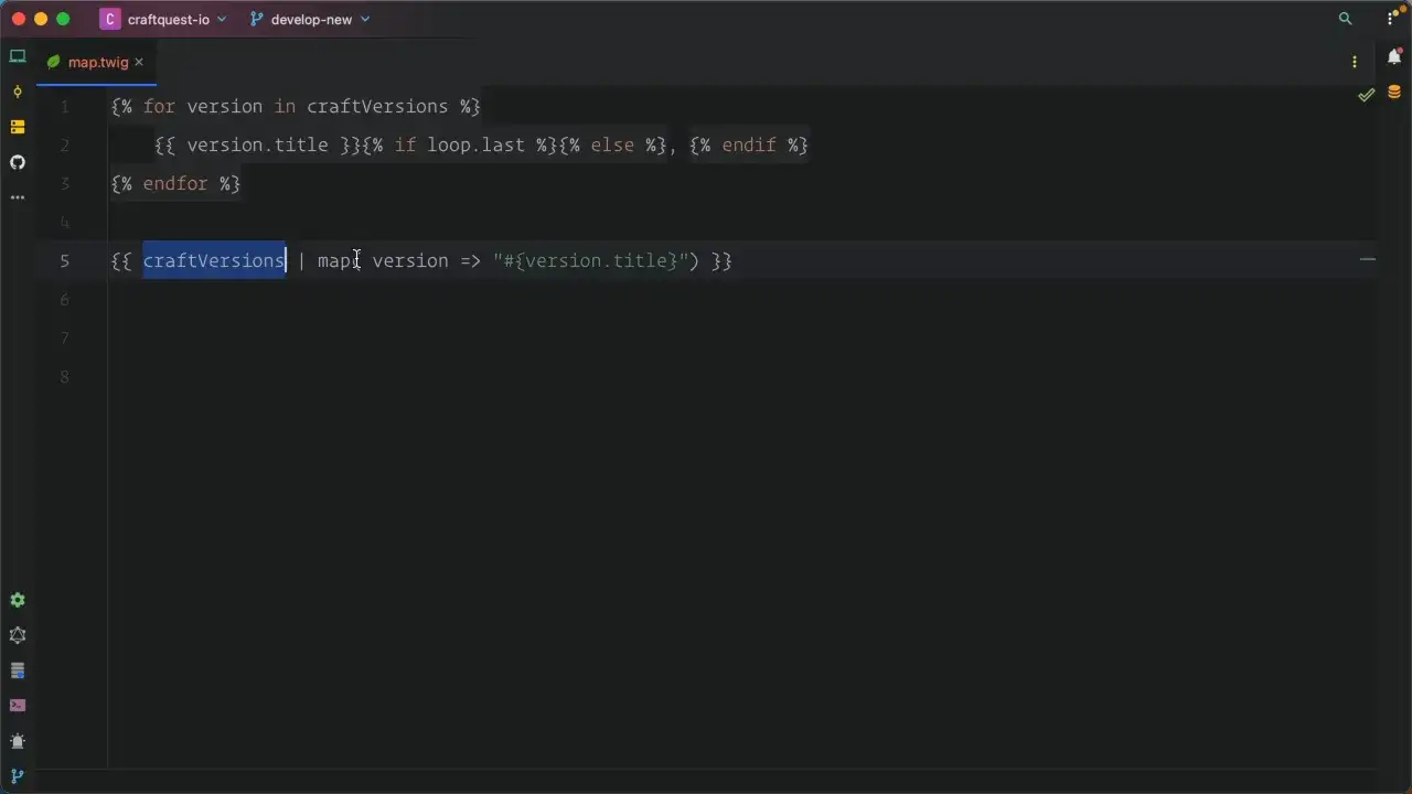 Code dans un fichier .twig. On y voit une boucle `for` sur `craftVersions` et une op&eacute;ration `map` pour transformer chaque &eacute;l&eacute;ment.