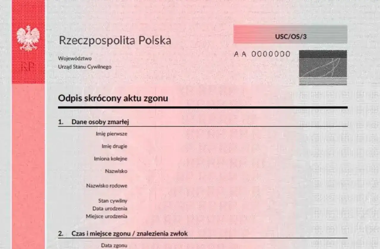 Skrócony odpis aktu zgonu, dokument niezbędny do załatwienia formalności po śmierci. Zawiera dane zmarłego i okoliczności zgonu.