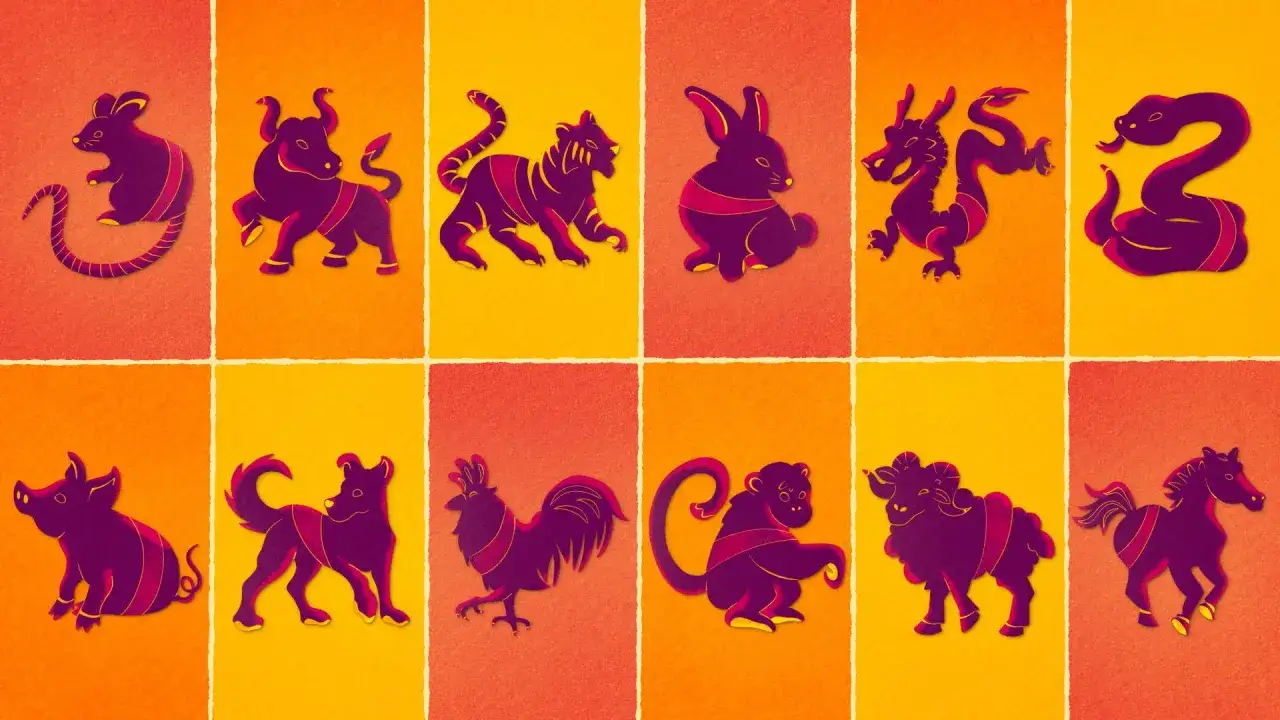 Dwunastu chińskich znaków zodiaku: szczur, wół, tygrys, królik, smok, wąż, koń, koza, małpa, kogut, pies, świnia.