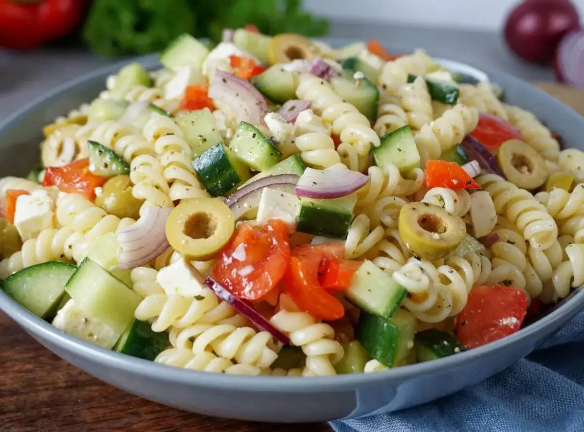 Ein bunter mediterraner Nudelsalat mit Spiralnudeln, Gurken, Tomaten, roten Zwiebeln, Oliven und Feta.