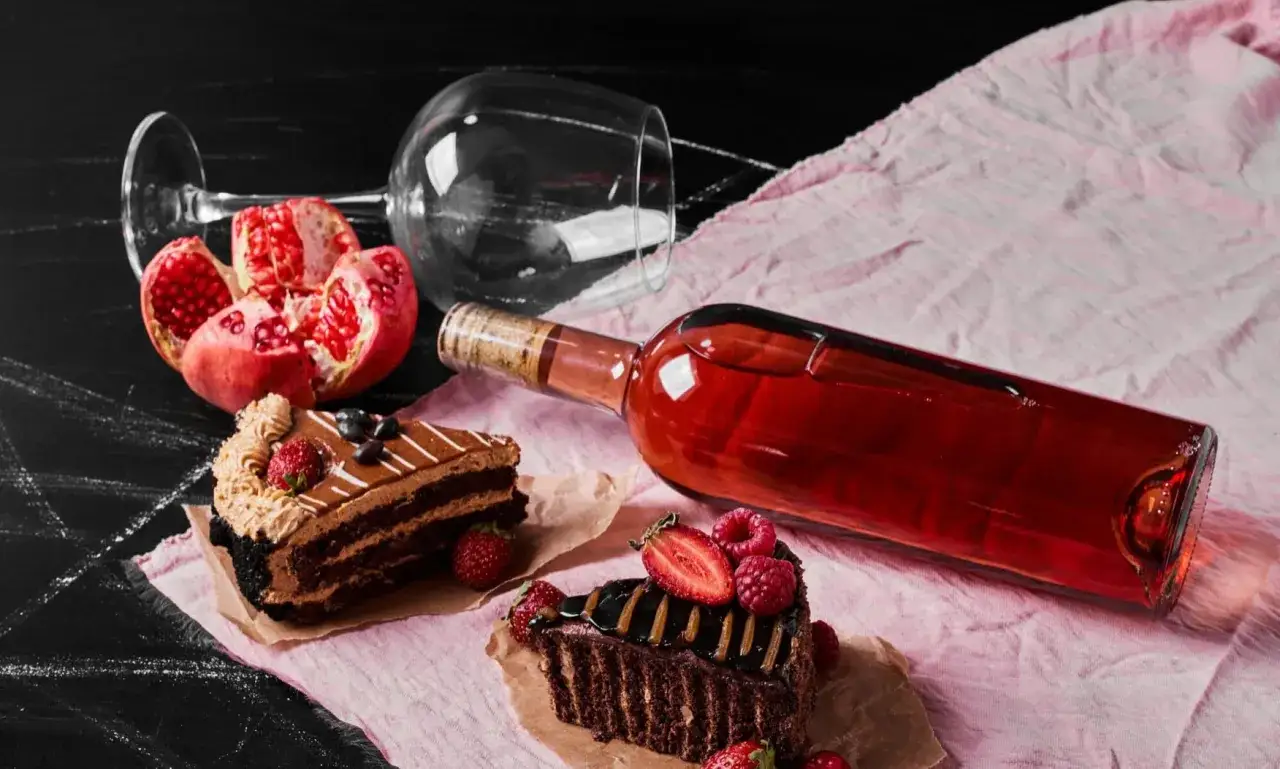 Quel vin rouge avec dessert ? Une bouteille de vin rosé repose près de parts de gâteau au chocolat, de grenades et de fruits rouges.