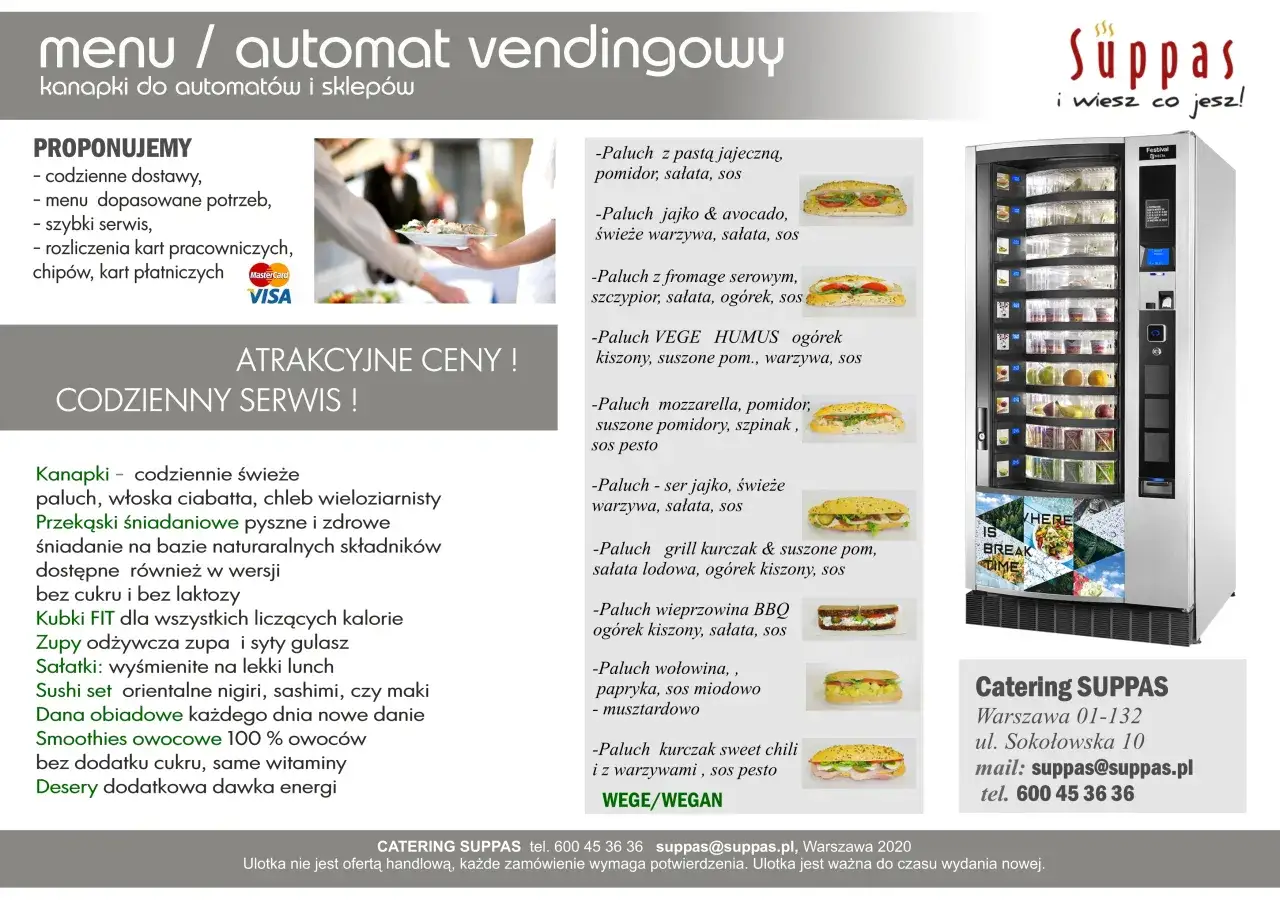 Menu automatów vendingowych Suppas w Warszawie. Oferta obejmuje kanapki, zupy, sałatki, dania obiadowe i desery.