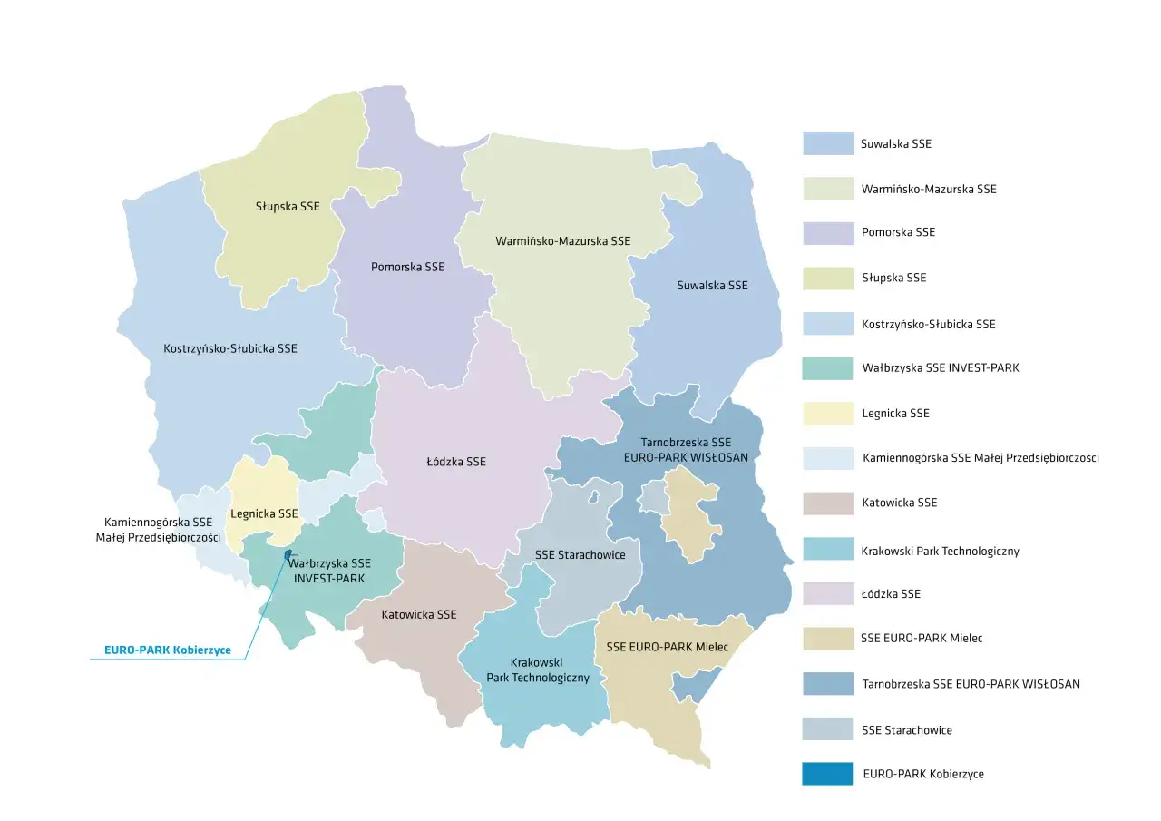 Mapa Polski z zaznaczonymi specjalne strefy ekonomiczne (SSE) i parkami technologicznymi.