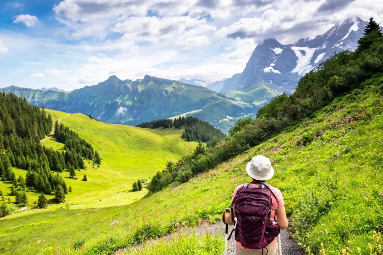 A hiker with a backpack enjoys one of the best hikes in the Swiss Alps, surrounded by lush green valleys and majestic snow-capped mountains under a cloudy sky.