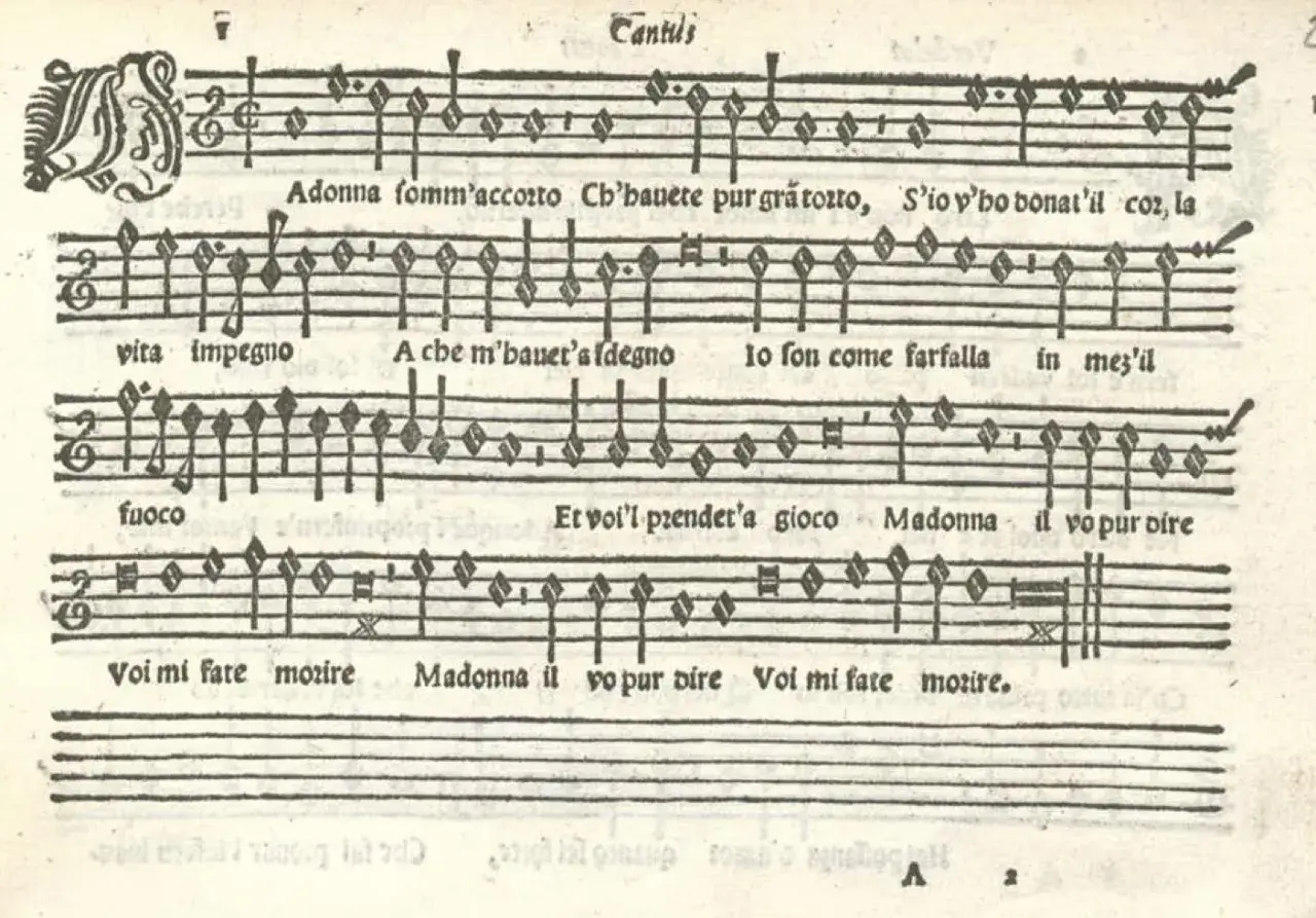 Extrait de partition musicale ancienne, un exemple de polyphonie avec des notes et des paroles en italien.