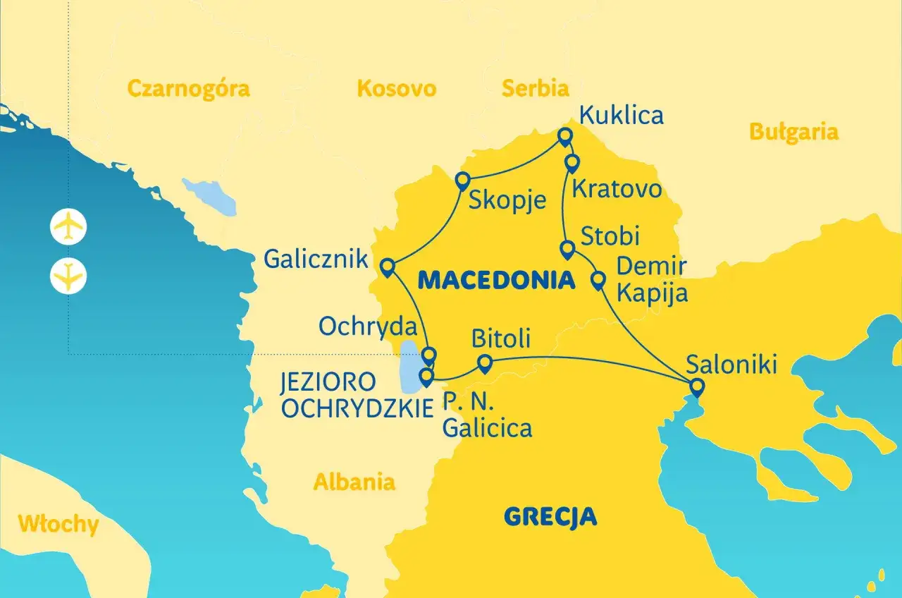 Mapa turystyczna **Macedonia** z zaznaczonymi miastami: Skopje, Ochryda, Bitola, Saloniki. Podr&oacute;ż przez Bałkany.