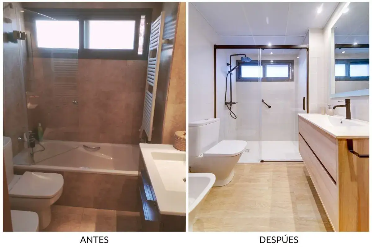 Antes y después de una reforma de baño. El precio de reformar un baño como este es más asequible de lo que piensas.