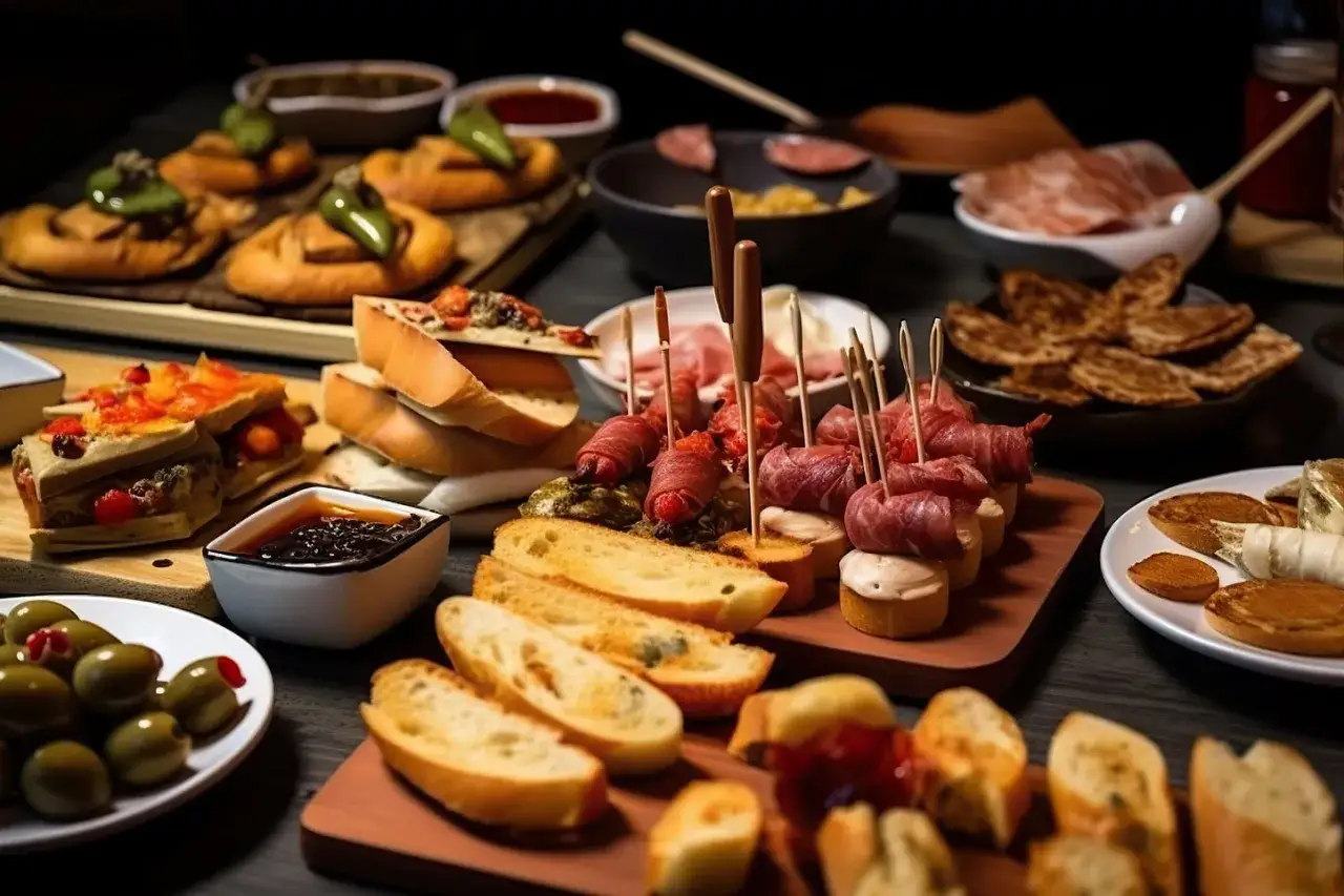 Leckereien f&uuml;r einen **Tapas Geschenkkorb selber machen**: Brot, Oliven, Aufschnitt und kleine H&auml;ppchen auf Spie&szlig;en.