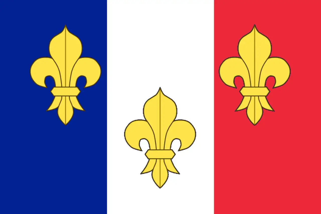 Bandera del reino de Francia con tres flores de lis doradas sobre franjas verticales azul, blanca y roja.