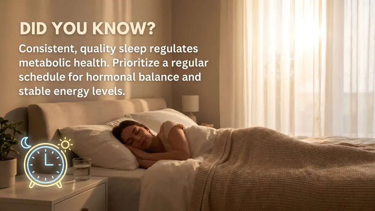 A woman sleeps peacefully, a neon clock glowing nearby. Learn how to be more awake by prioritizing quality sleep for hormonal balance and stable energy.
