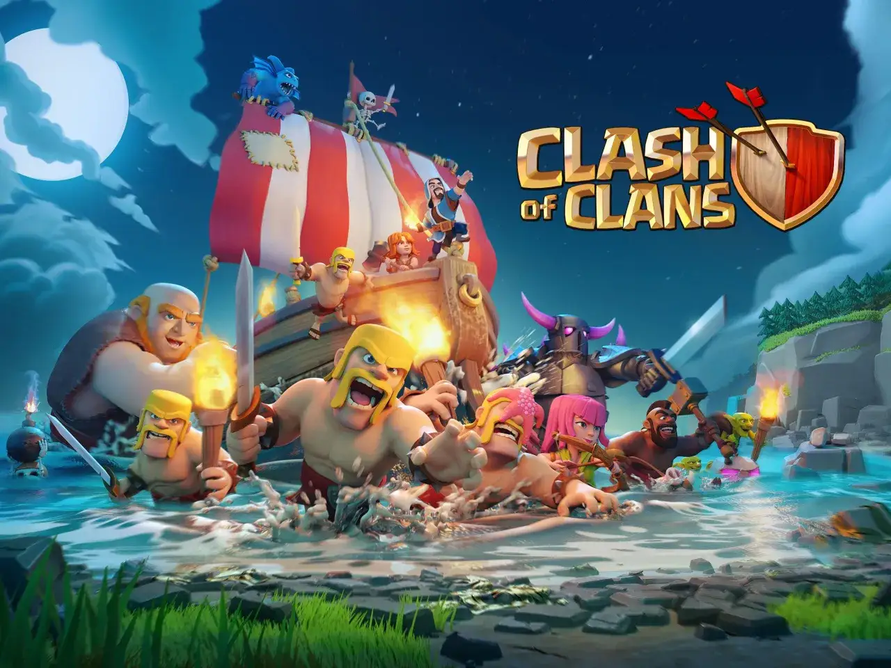 Postacie z gry Clash of Clans w wodzie, przygotowujące się do bitwy. Idealna gra multiplayer na telefon dla fanów strategii.