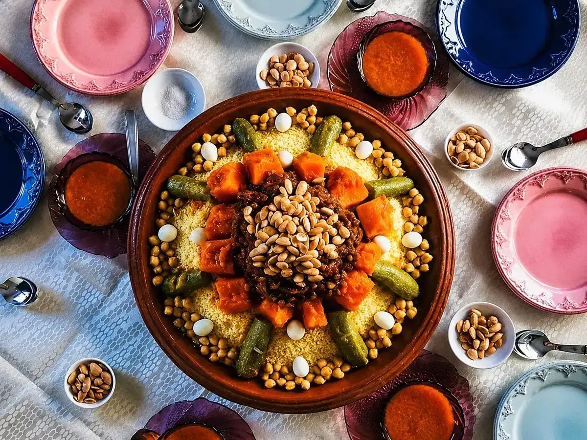 Un piatto di cous cous ricco di verdure, ceci e frutta secca, che mostra la differenza tra cous cous e pasta.