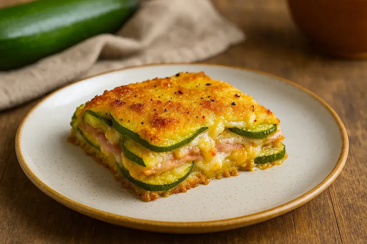 Una fetta di parmigiana di zucchine in friggitrice ad aria, dorata e filante, con prosciutto e formaggio.