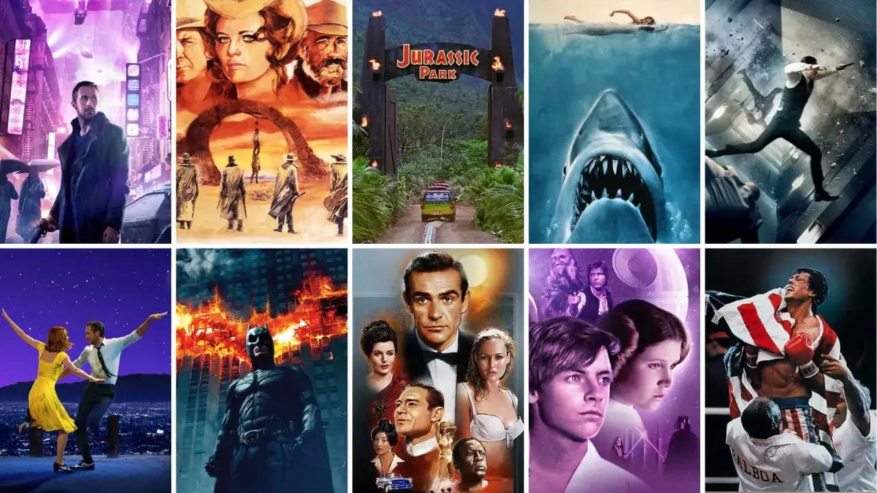 Kolaż filmowy z kultowymi scenami: Blade Runner, Indiana Jones, Jurassic Park, Szczęki, Mission Impossible, La La Land, Mroczny Rycerz, James Bond, Gwiezdne Wojny, Rocky. Najlepsza muzyka filmowa wszech czasów.