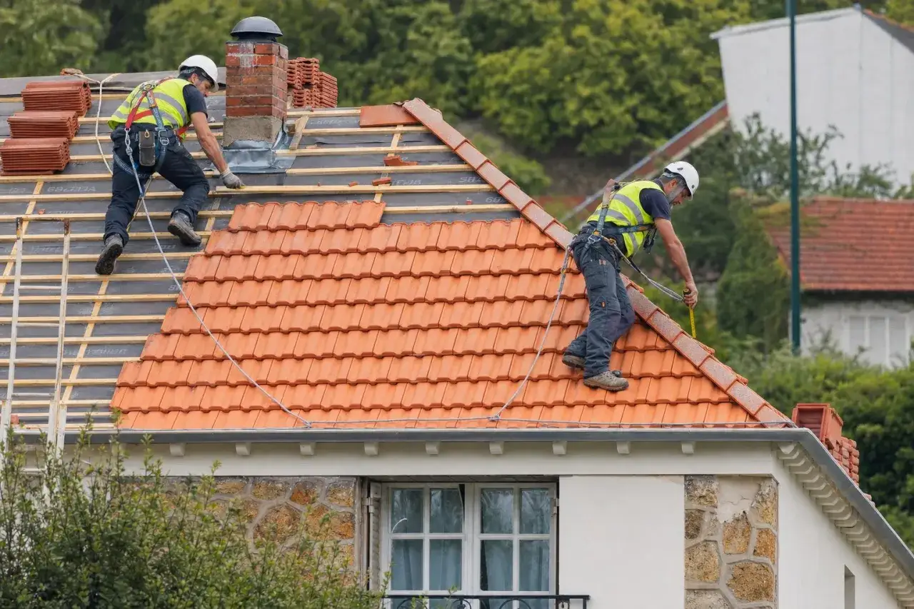Deux couvreurs travaillent sur une **rénovation toiture**. L'un pose des tuiles, l'autre mesure.