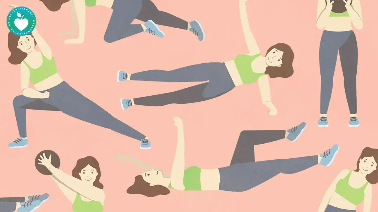 Ilustracja pokazuje kobiety wykonujące ćwiczenia na mięśnie skośne brzucha, w tym skłony boczne i ćwiczenia z piłką.