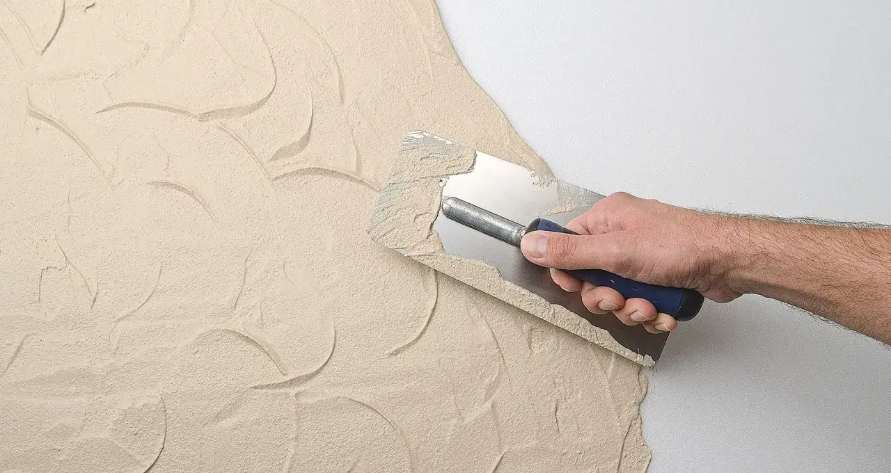 Applicazione di intonaco decorativo con spatola. Le opinioni sui pannelli Depron sono positive per la facilità d'uso.