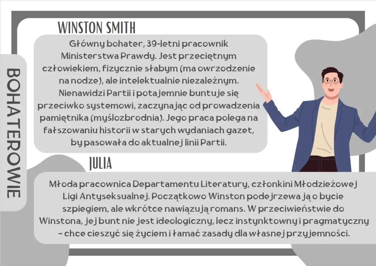Winston Smith, gł&oacute;wny bohater, 39-letni pracownik Ministerstwa Prawdy, buntuje się przeciwko systemowi. Jego charakterystyka to buntownik z wyboru.