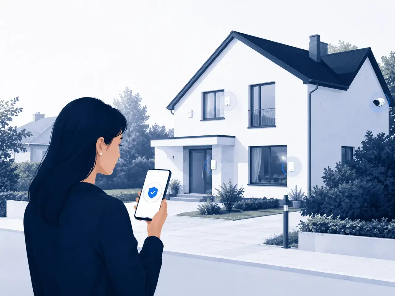 Kvinna kontrollerar sitt skalskydd larm via mobil. Huset har flera s&auml;kerhetskameror och sensorer.