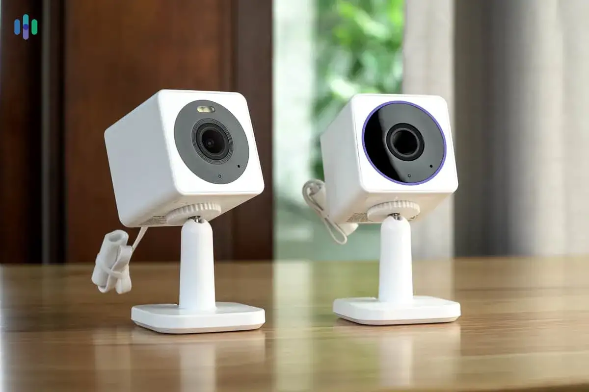 Dos c&aacute;maras blancas con soportes, ideales para usar webcam como c&aacute;mara de seguridad.