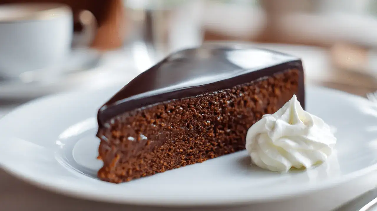 Ein St&uuml;ck Sachertorte, wie im original Lafer Rezept, mit Schokoladenglasur und einem Klecks Schlagobers auf einem wei&szlig;en Teller.