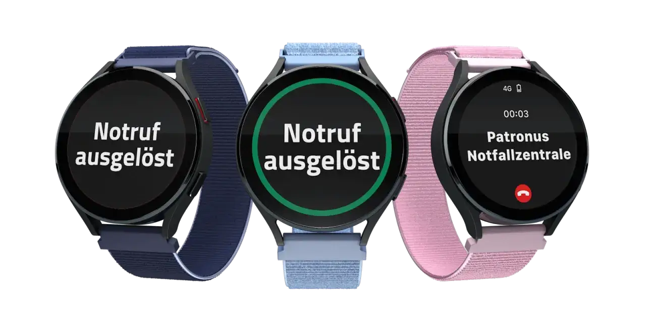 Drei Smartwatches in Blau, Hellblau und Rosa. Zwei zeigen 
