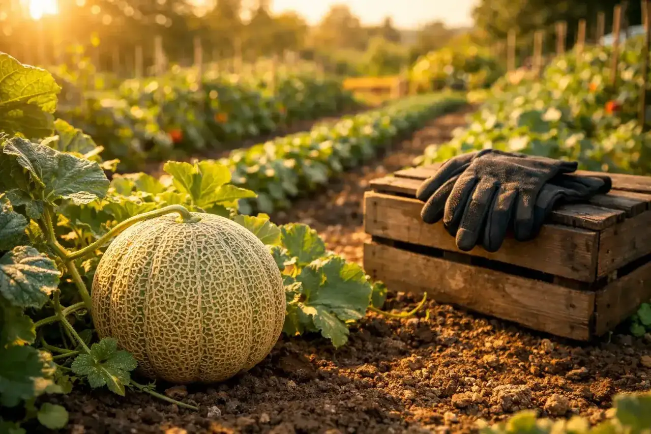 Un melone maturo su una pianta nel campo, pronto per essere raccolto. Vicino, una cassetta di legno con guanti da giardinaggio.