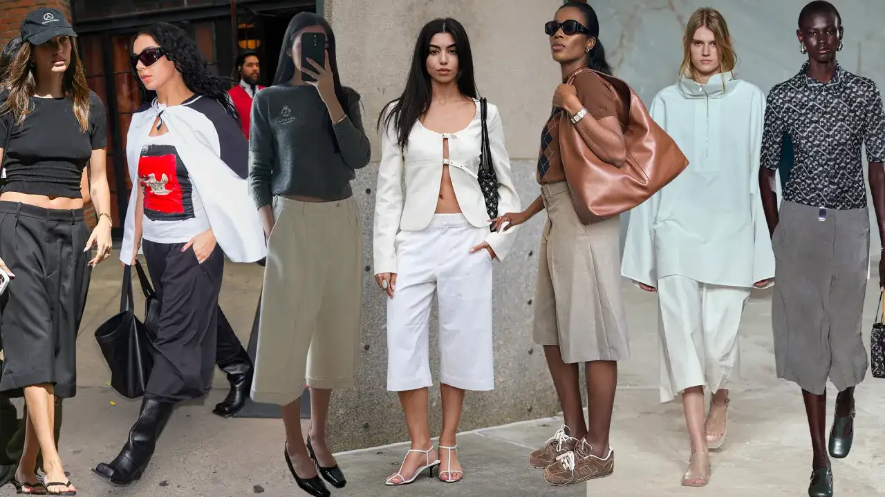 Verschiedene Models zeigen, wie man Culottes kombiniert: von lässig mit Crop-Tops bis schick mit Blazer.