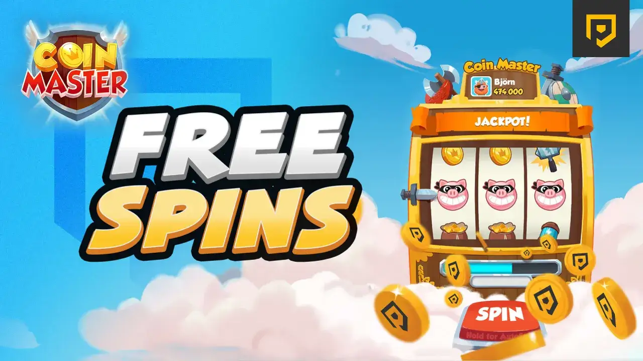 Aplikacja na darmowe spiny Coin Master z automatem do gry i ikoną jackpotu.