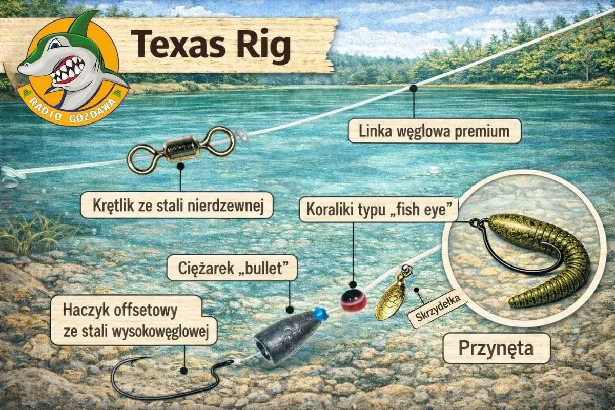 Szczegółowy opis zestawu do łowienia Texas Rig: haczyk offsetowy, ciężarek bullet, koraliki, krętlik, linka węglowa i przynęta.