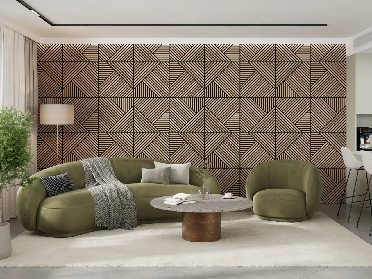 Nowoczesne, modne ściany w salonie z geometrycznym wzorem drewnianych lameli. Miękka, oliwkowa sofa i fotel tworzą przytulną przestrzeń.