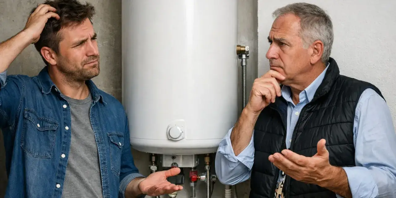 Un locataire perplexe discute avec un technicien devant un cumulus. L'entretien du cumulus locataire semble poser probl&egrave;me.