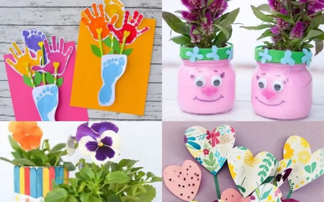 Id&eacute;es de bricolage f&ecirc;te des m&egrave;res pour tout petit : cartes empreintes, pots de fleurs rigolos, c&oelig;urs d&eacute;cor&eacute;s.