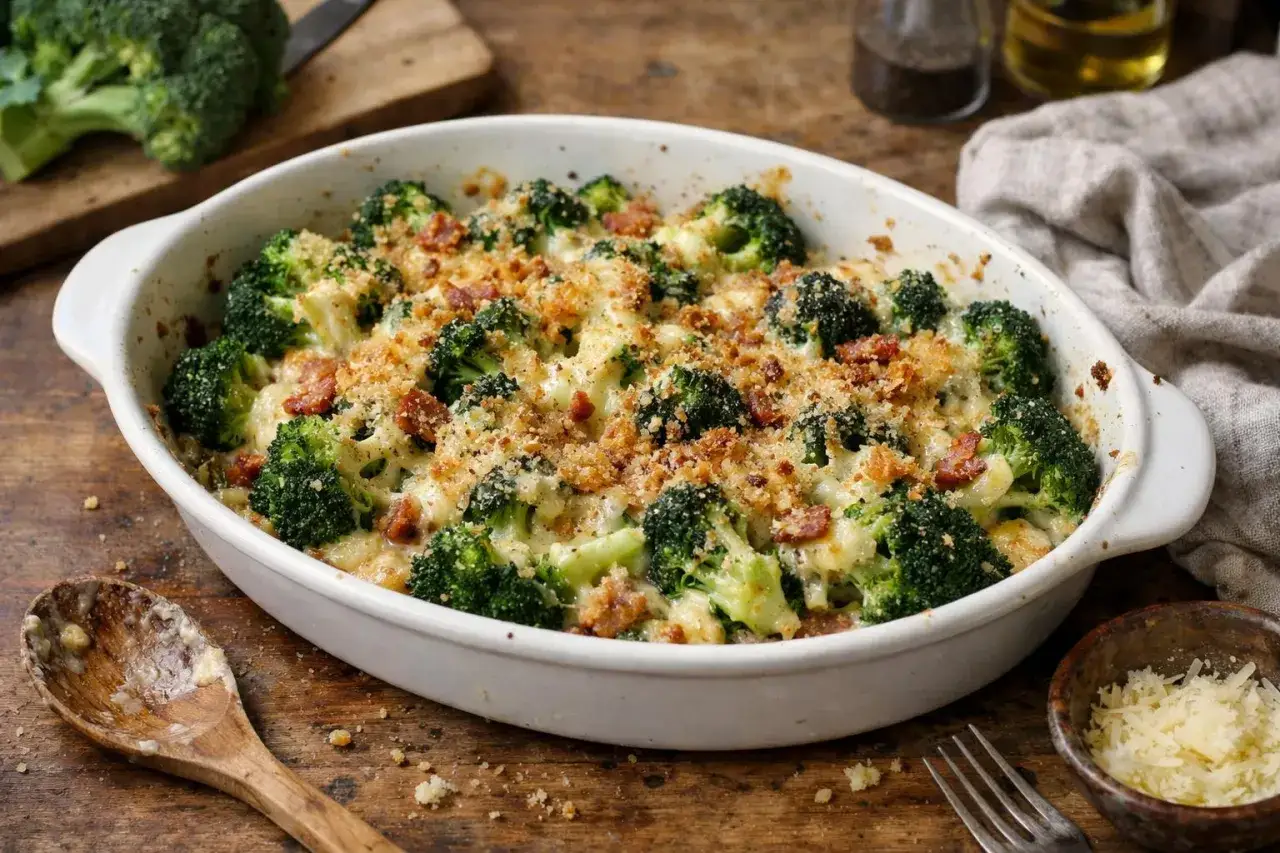 Un d&eacute;licieux gratin de brocolis cr&eacute;meux, garni de chapelure croustillante et de lardons, pr&ecirc;t &agrave; &ecirc;tre d&eacute;gust&eacute;.