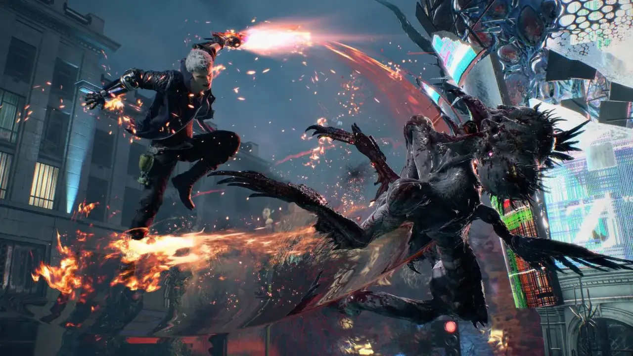 Nero walczy z potworem w mieście, używając ognistego ramienia. Wygląda jak scena z Devil May Cry 6.