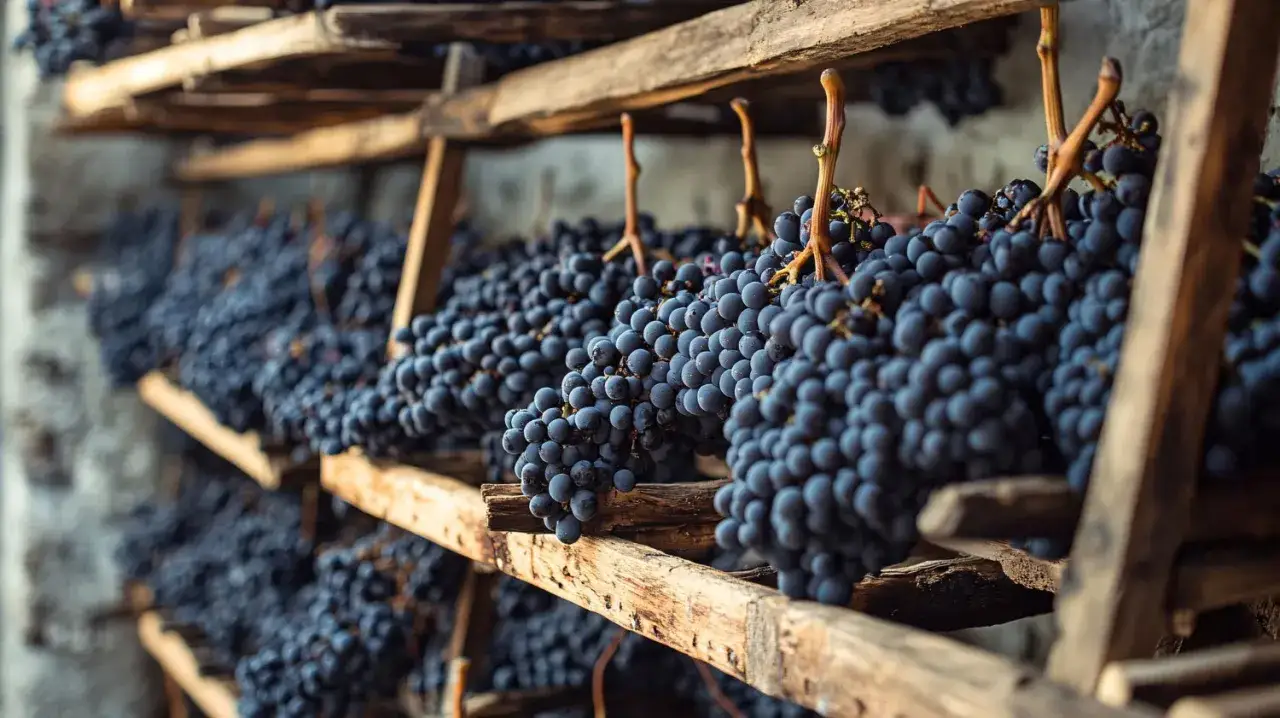 Dunkle Trauben trocknen auf Holzregalen. Dies ist ein Schritt bei der Herstellung von Amarone, einem intensiven italienischen Rotwein.